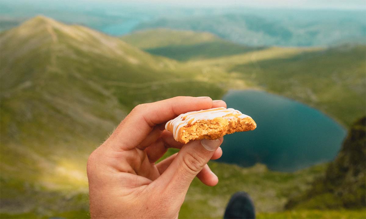 closeup of granola bar with mountains in background