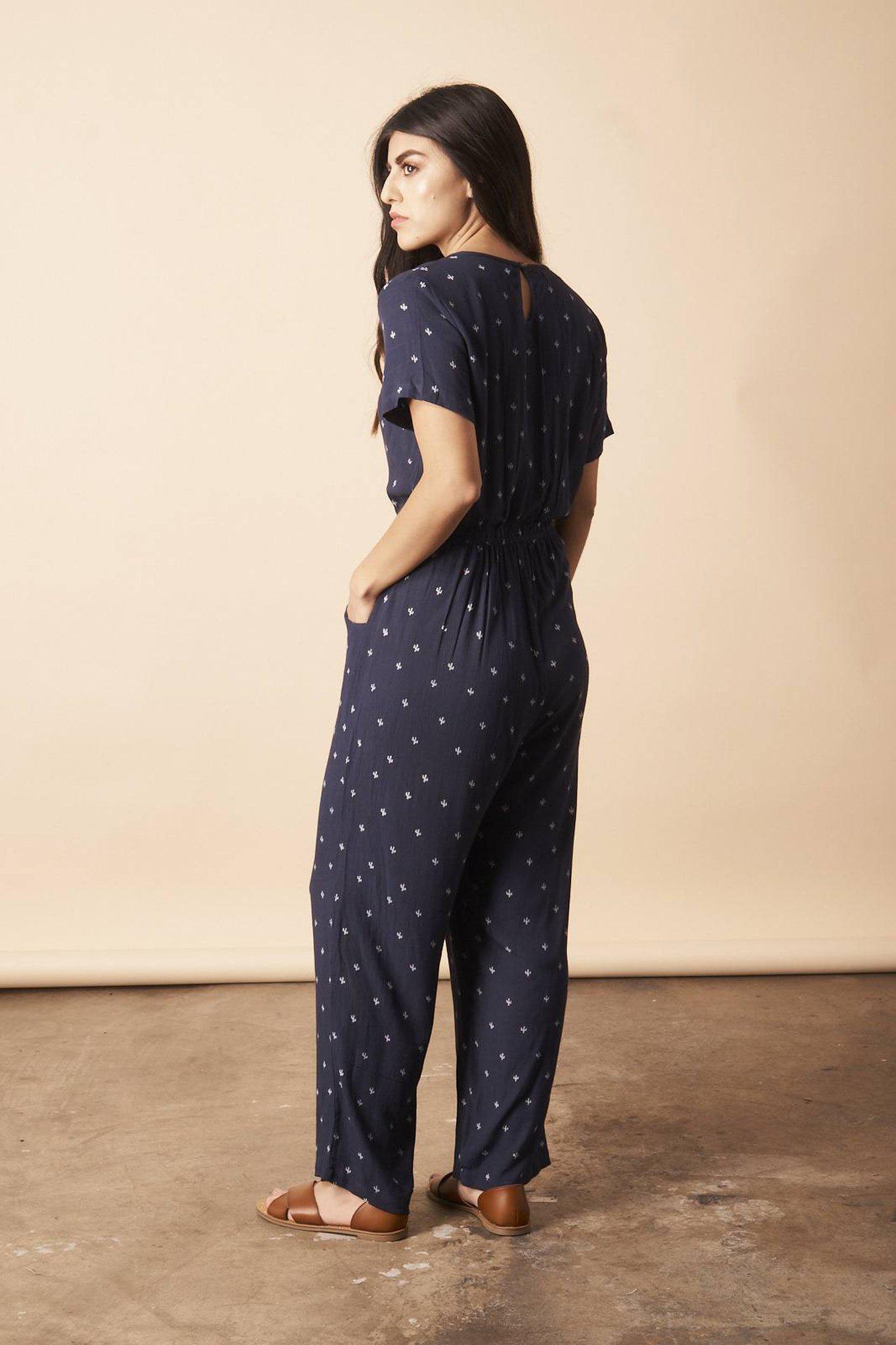 Baby Cacti Cropped Jumpsuit in Navy + Cream