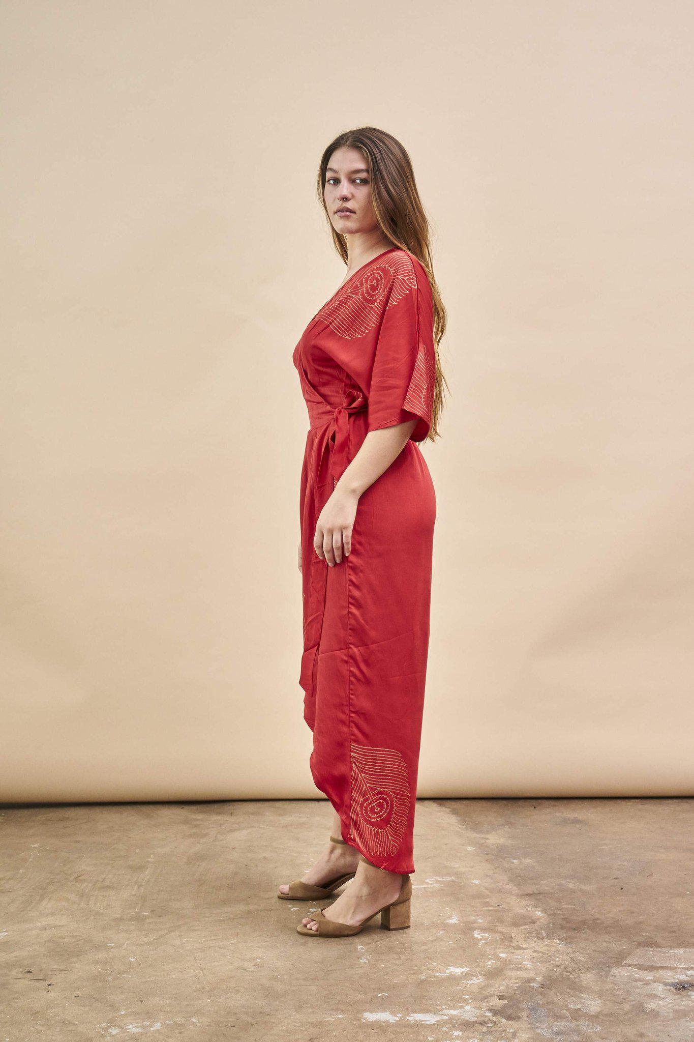 Peacock Feather Maxi Wrap Dress Lipstick Red + Gold