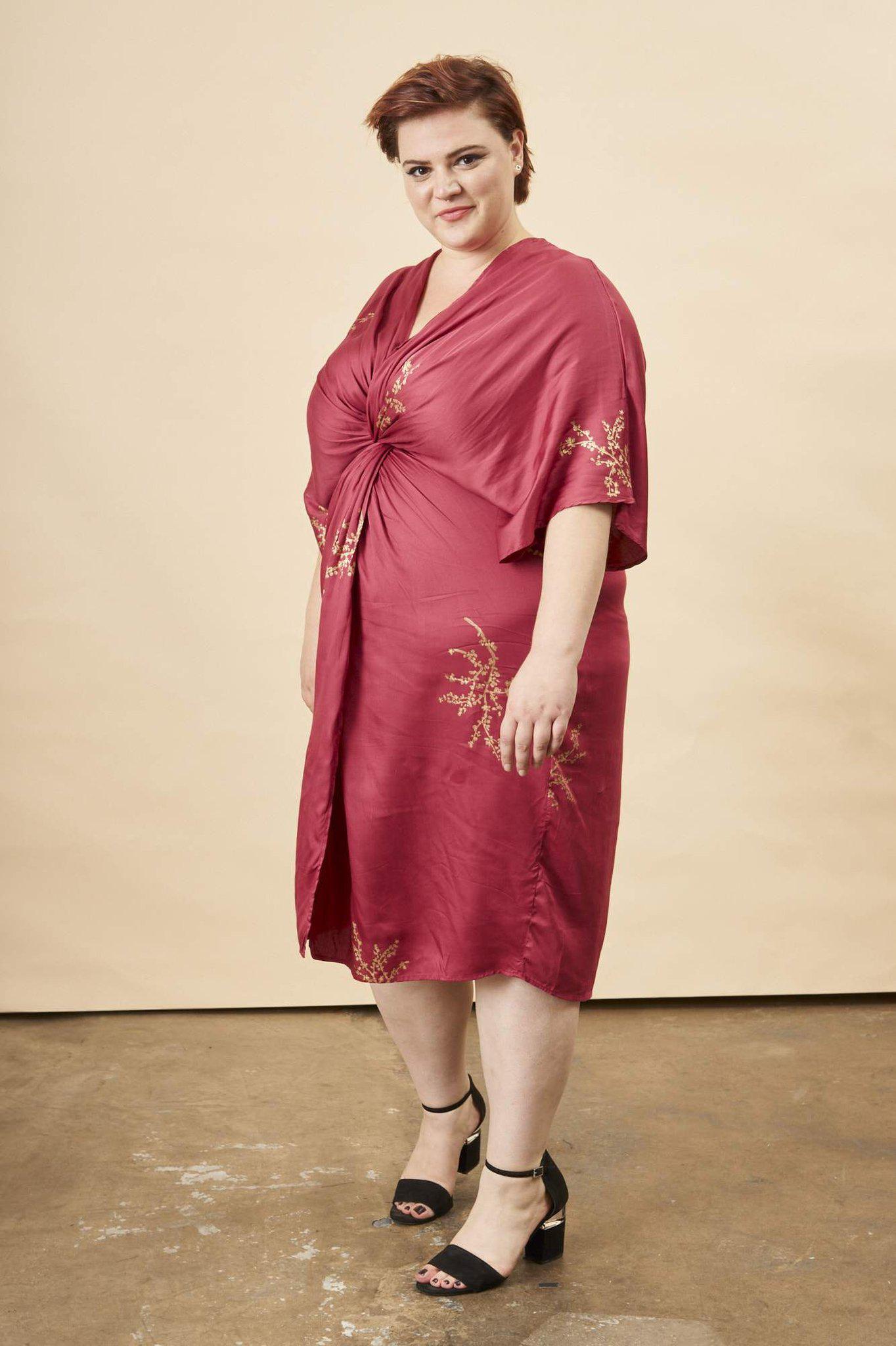 Cherry Blossom Twisted Midi Dress in Raspberry + Gold