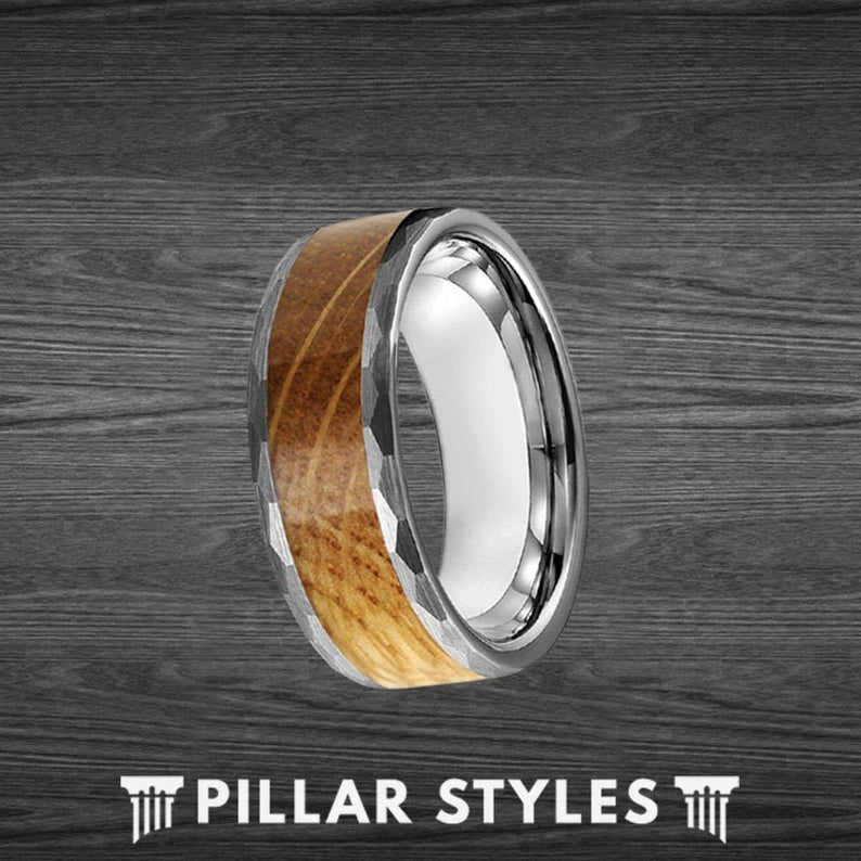 Silver Whiskey Barrel Ring Mens Wedding Band Tungsten Ring - Wood Ring ...