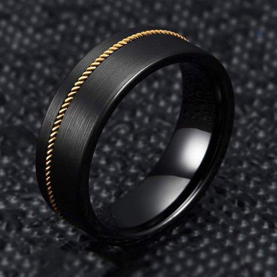 Black Guitar String Ring Mens Wedding Band Tungsten Ring - 8mm Unique ...