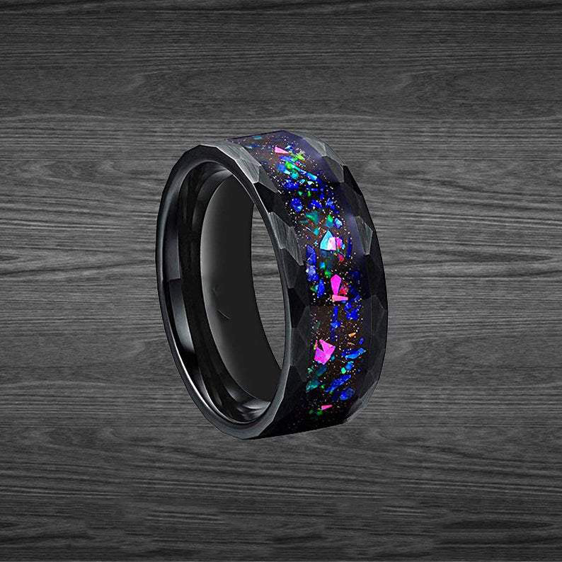 Blue Opal Ring Mens Wedding Band Tungsten Ring, Black Hammered Ring Op ...