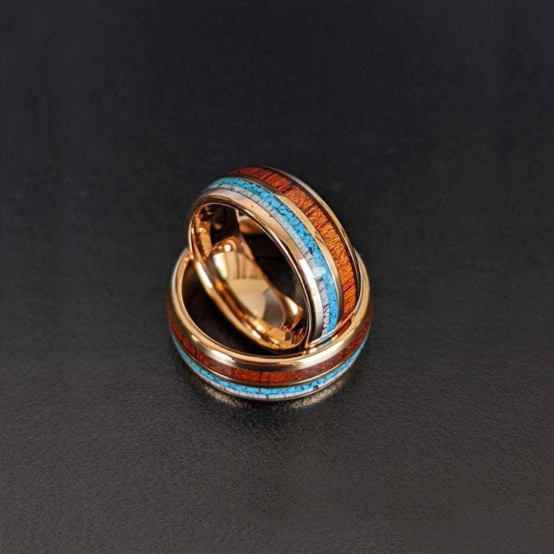 Turquoise Mens Wedding Band Rose Gold Ring - 8mm Deer Antler Ring Koa ...