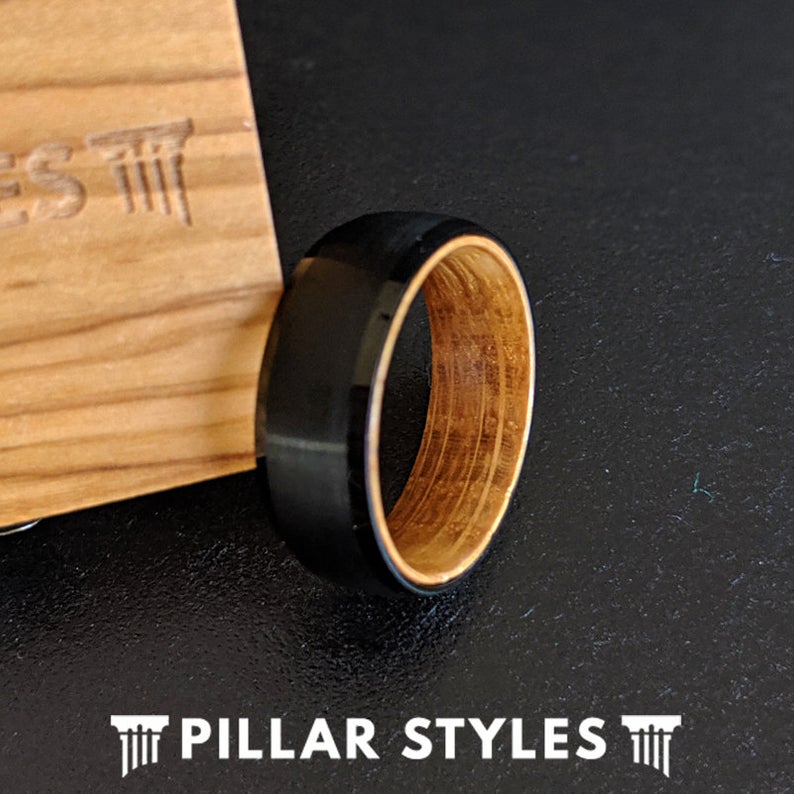 Black Whiskey Barrel Ring Mens Wedding Band - Bourbon Barrel Wood Inla ...