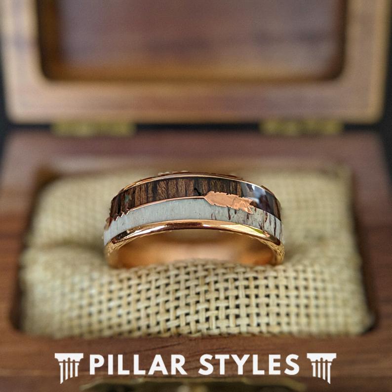 18K Rose Gold Ring - Dual Inlay Koa Wood Ring Mens Wedding Band Tungst ...