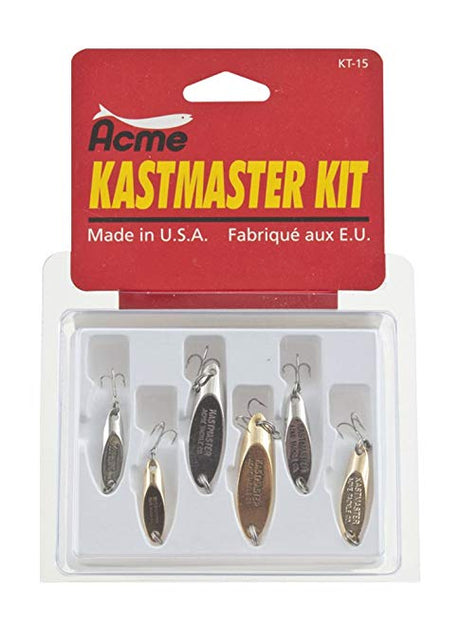 Acme Kastmaster Gold and Chrome 6 Pack Fishing Lures Kit. 1/12 oz, 1/8 oz and 1/4 oz Kastmaster Lures in Gold and Chrome Colors.