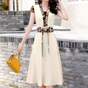 Summer V Neck Print Patchwork Lace Up Tunic Midi Dress - Shequila's Fashions