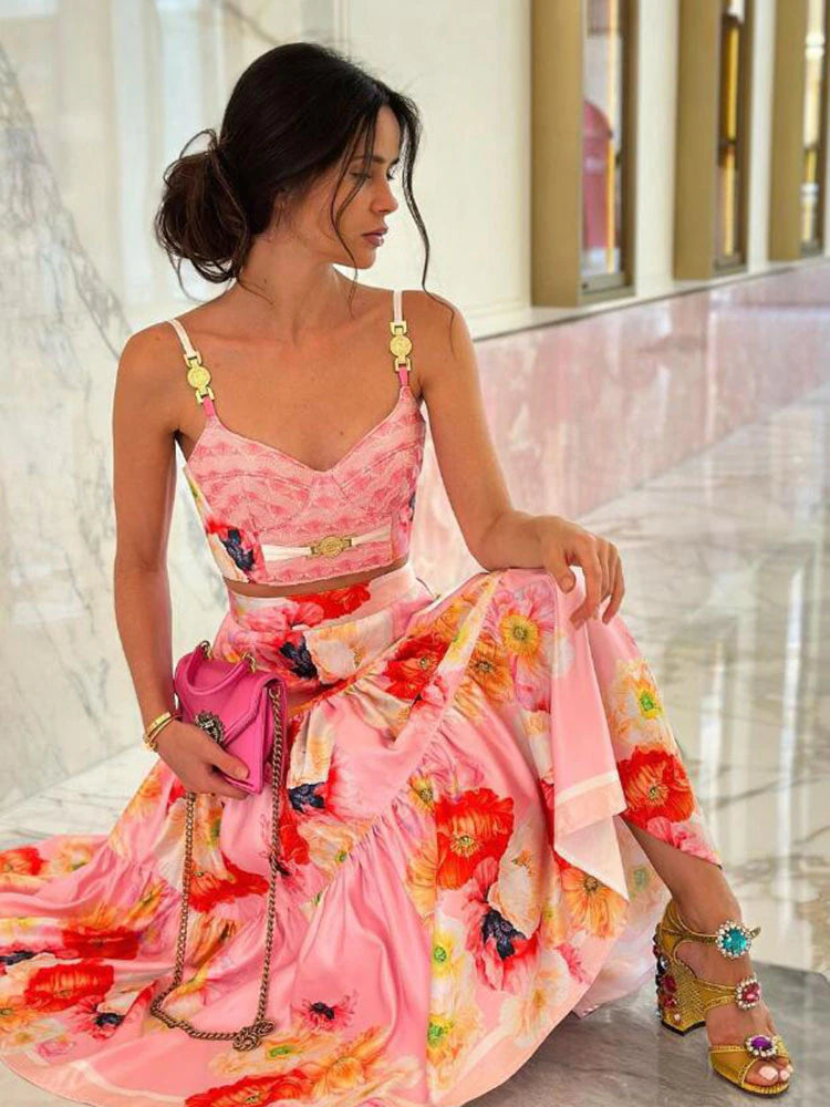 Short Spaghetti Strap Top＋Vacation Flowers Print Skirts 2 Pieces Suit