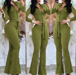 Autumn Fashion Button Casual Turn-Down Collar Long Sleeve Skinny Bootcut Jumpsuit with Belt - Shequila's Fashions