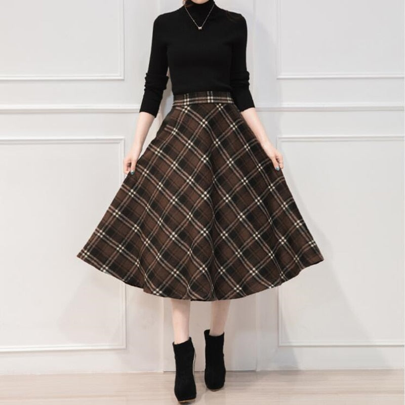 mid length red plaid skirt