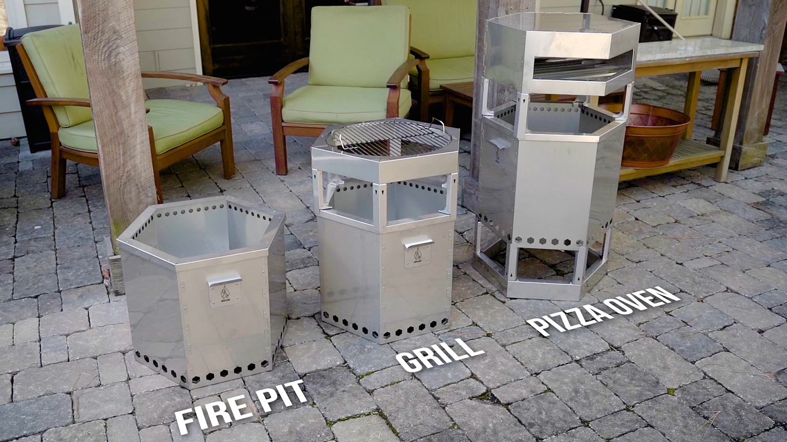 Smokeless fire pit, brick oven pizza, and charcoal grill