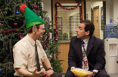 Michael and Dwight sitting at Christmas