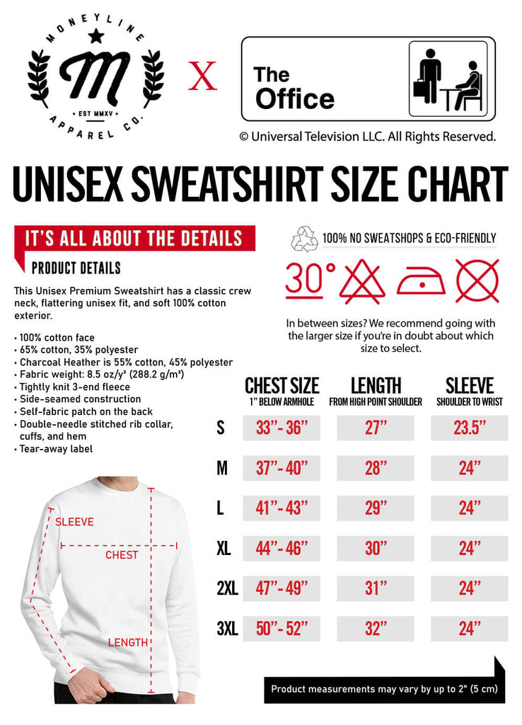Unisex sweatshirt size chart