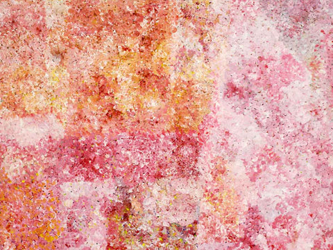 Large warm coral, pink, yellow and orange dot painting by Kathleen Ngale
