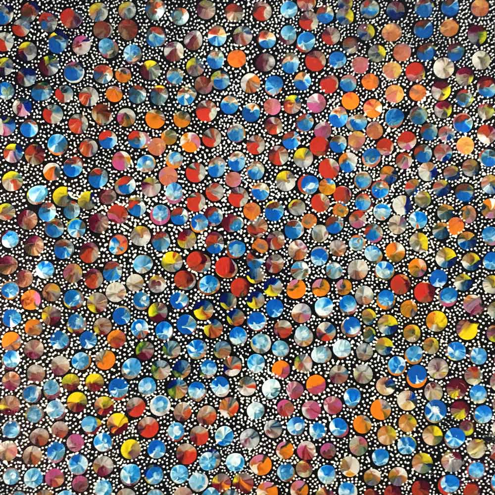 Kleines quadratisches Punktgemälde in Blau, Rot und Orange von Eileen Bird Nungarai