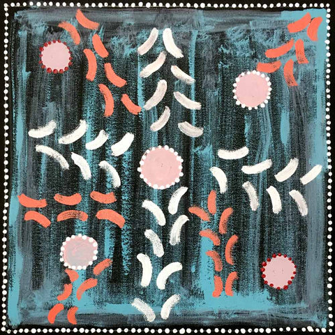 Small turquoise, coral and ash pink painting by Aboriginal artist Andy Mpetyane