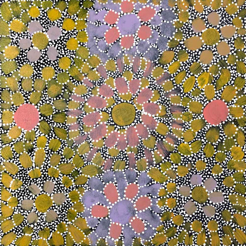 Small golden painting by Hazel Morton Kngwarreye with coral and lilac