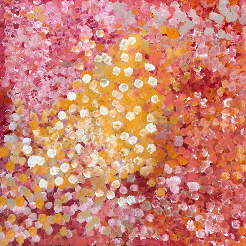 Lebendiges und warmes Punktgemälde von Polly Ngale in Gelb, Koralle, gebranntem Orange und Rosa