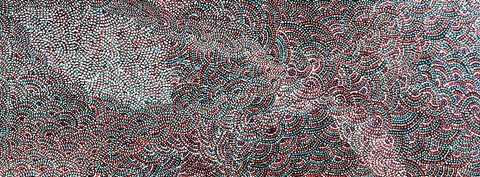 Exquisite panel sized dot painting by Rosie Pwerle featuring turquoise and coral