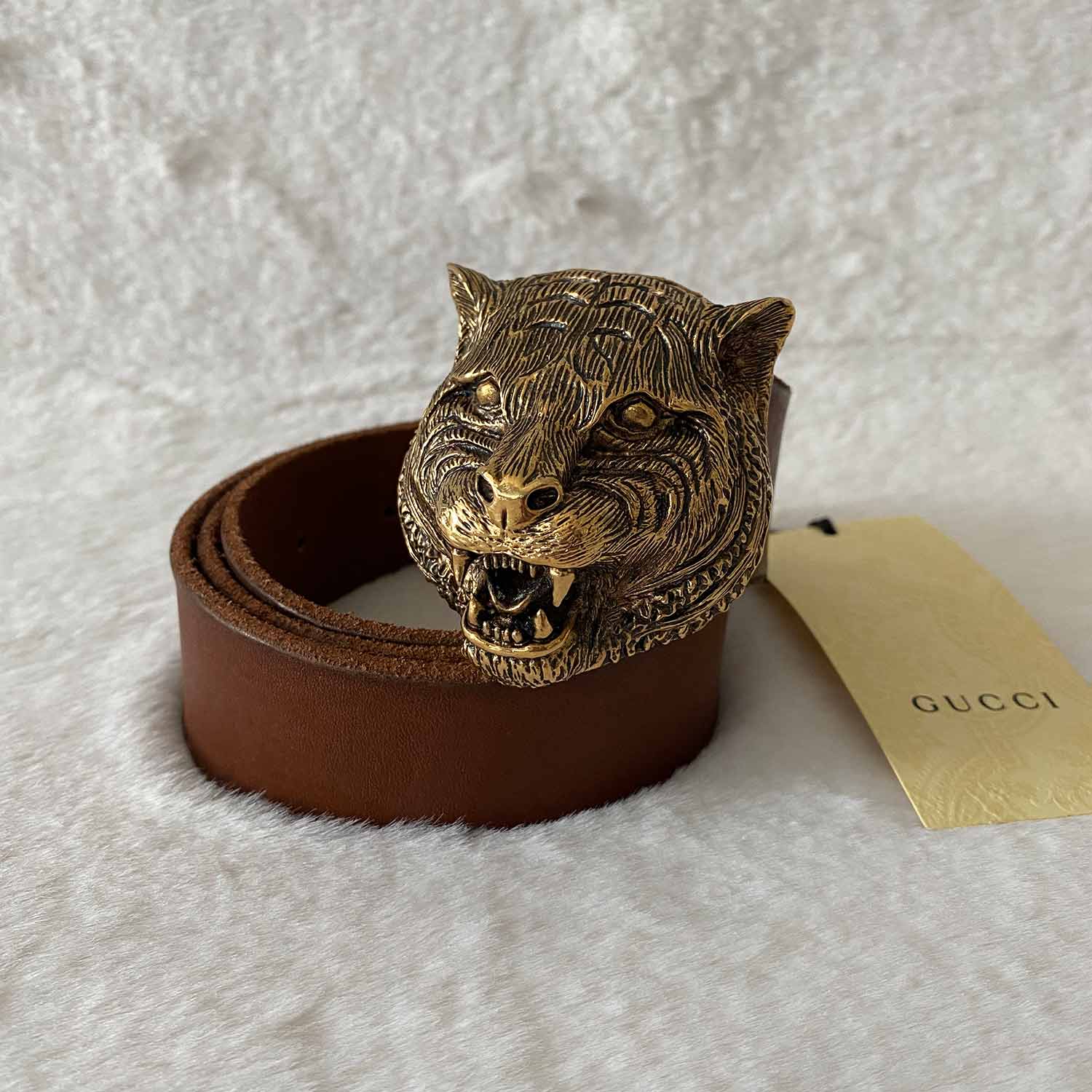 Shop authentic Gucci Tiger Head Feline Leather Belt at revogue for just ...