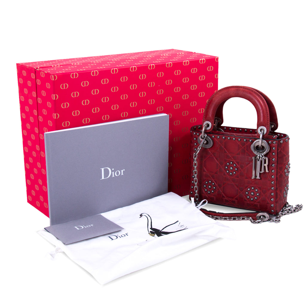 Christian Dior Supple Lady Dior Bag Cannage Studded Metallic Ruby Leather  Med  eBay