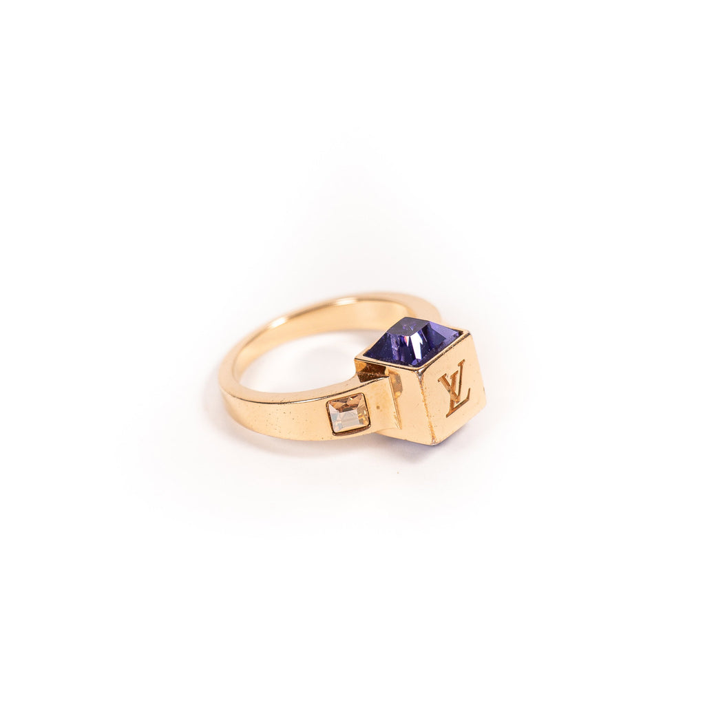 Louis Vuitton Gamble Crystal Gold Tone Ring with Purple & Cognac