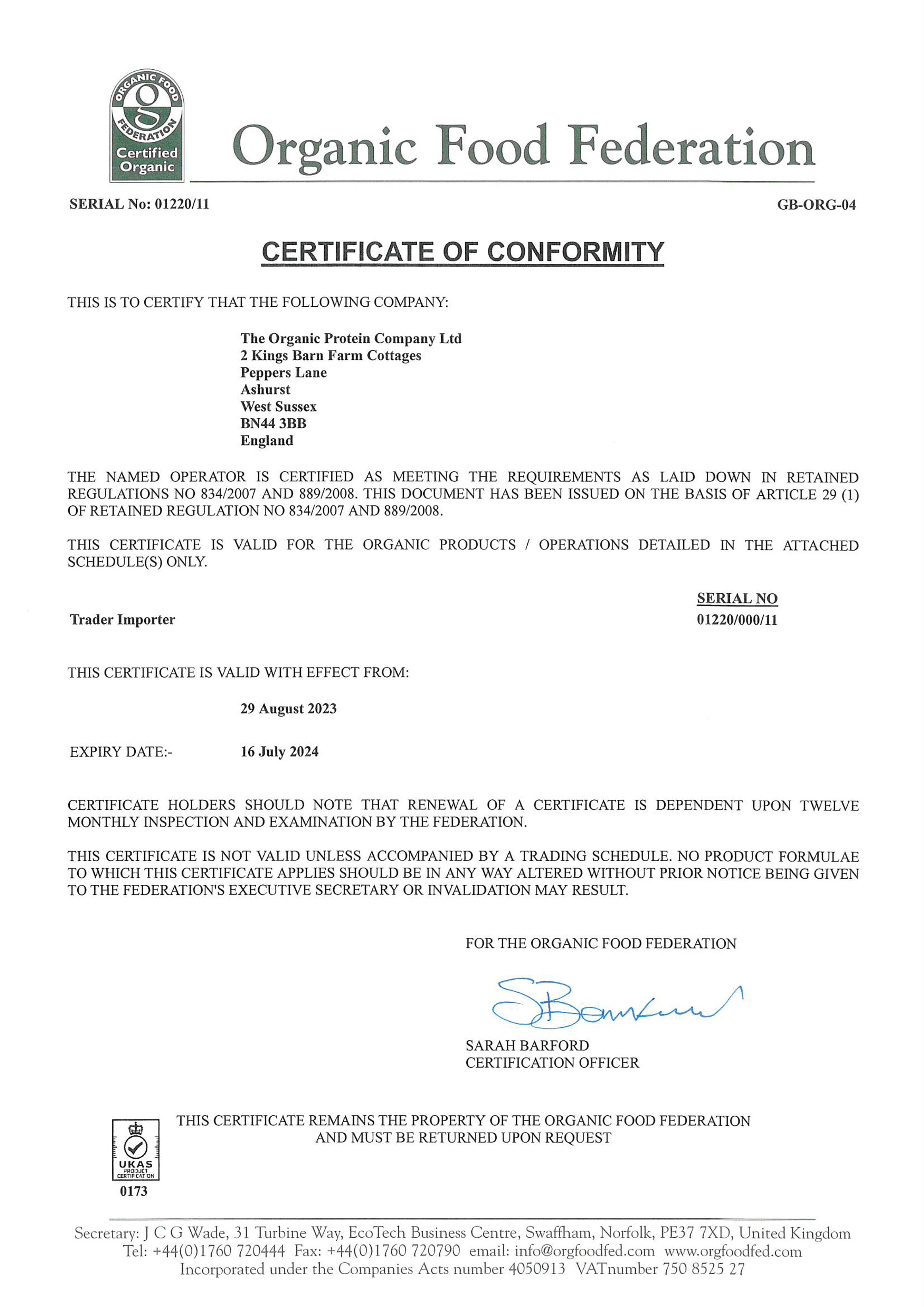 organic food federation certificate