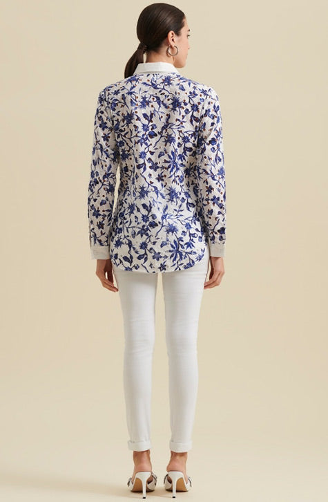 Anne Fontaine Flowers Scalloped Rose-Print Poplin Shirt White