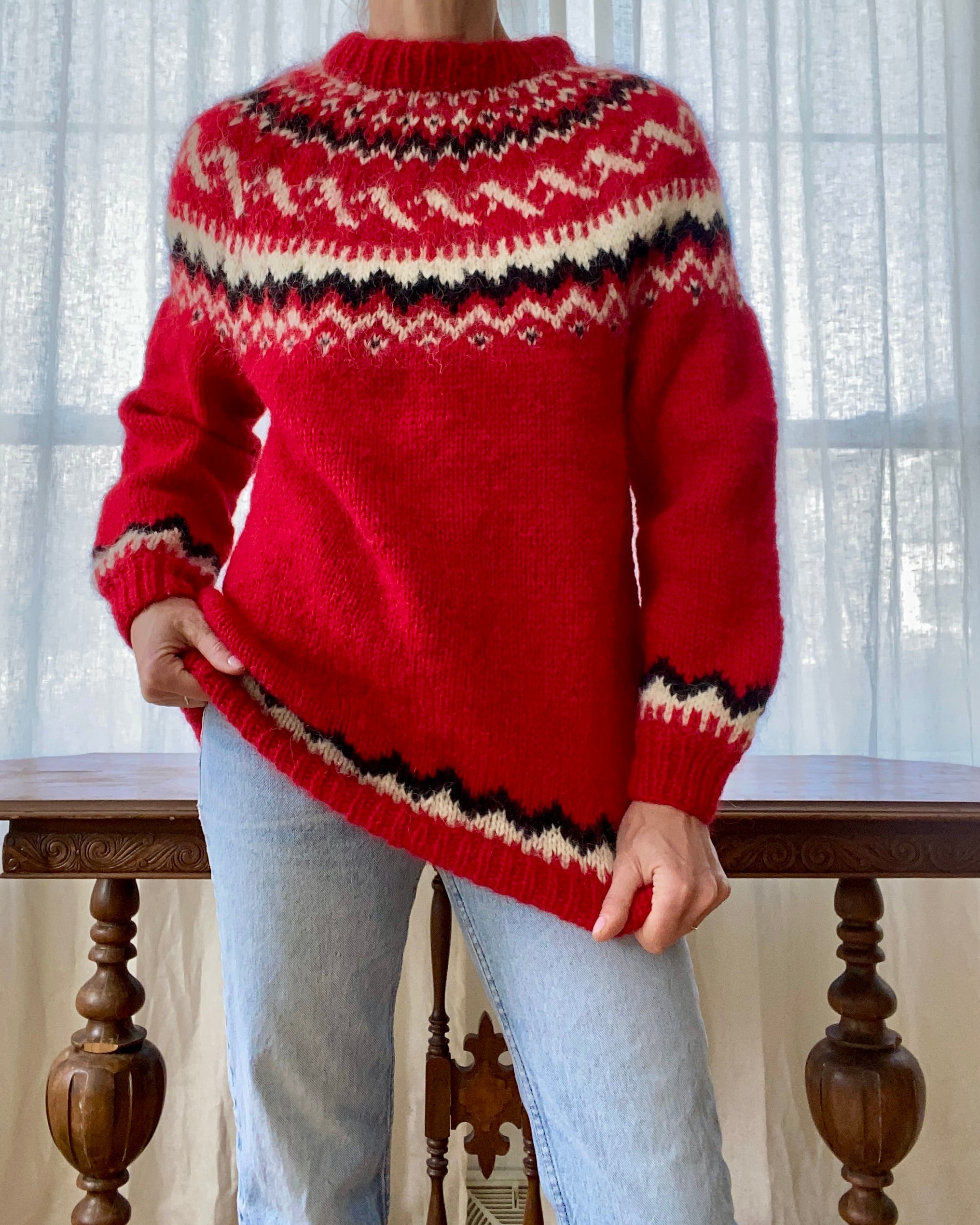 Vintage Icelandic Lopi Fair Isle Red Sweater M L