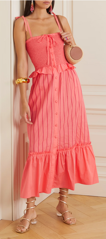 Loretta Caponi Alberica Shirred Striped Cotton-Poplin Dress