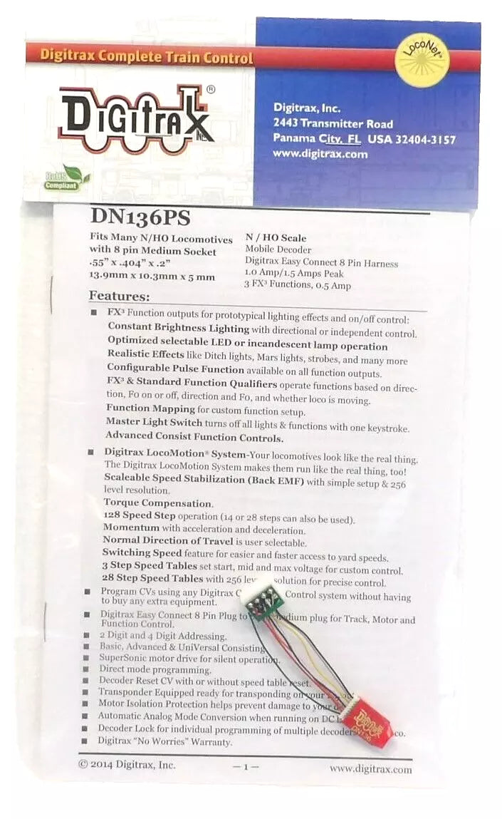 Digitrax DN136PS Series 6 Control Decoder for N & HO Scale Locomotives