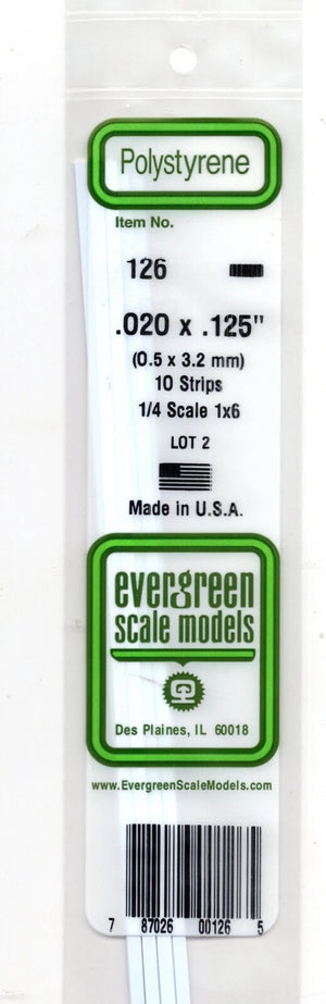 Evergreen 126 Styrene Strip Plastic .020" Thick x .125" 14" Long pkg (10) - Sidetrack Hobby