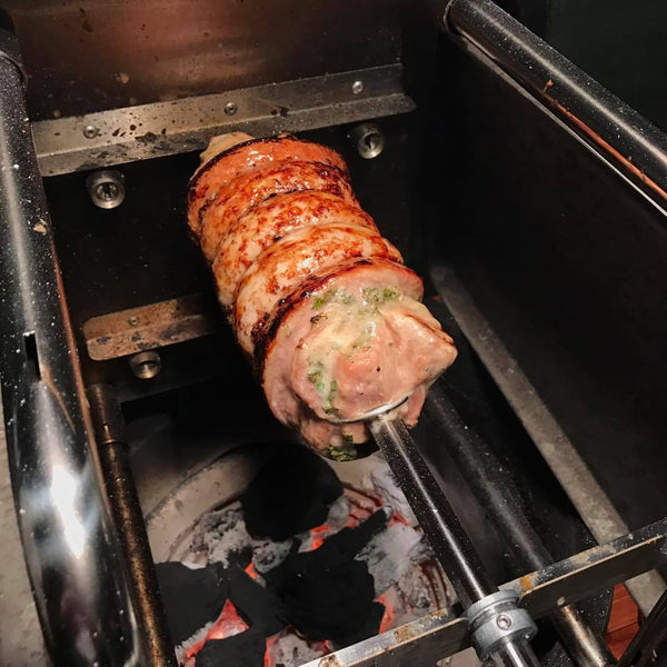 Porchetta skewer over Fogo Charcoal