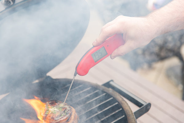 checking the steak's internal temperature