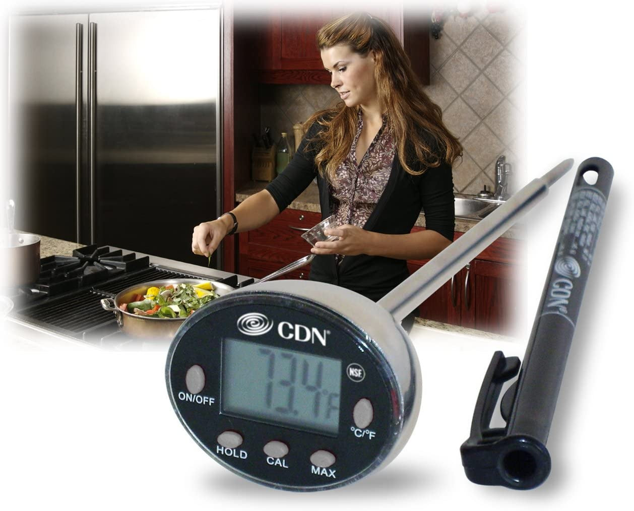 CDN DSP1-S 6 3/4 Silver Digital Dual-Sensing Cooking Thermometer and 10  Hour Kitchen