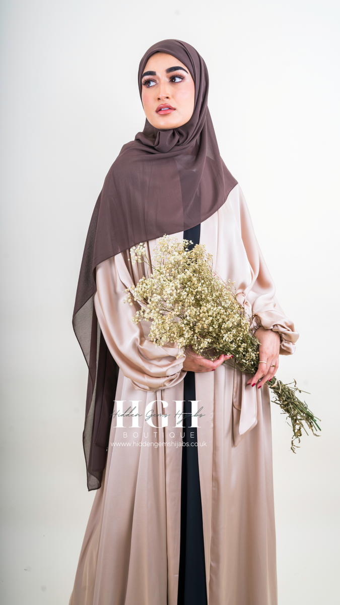 Champagne Satin Open Abaya – Hidden Gems Hijabs