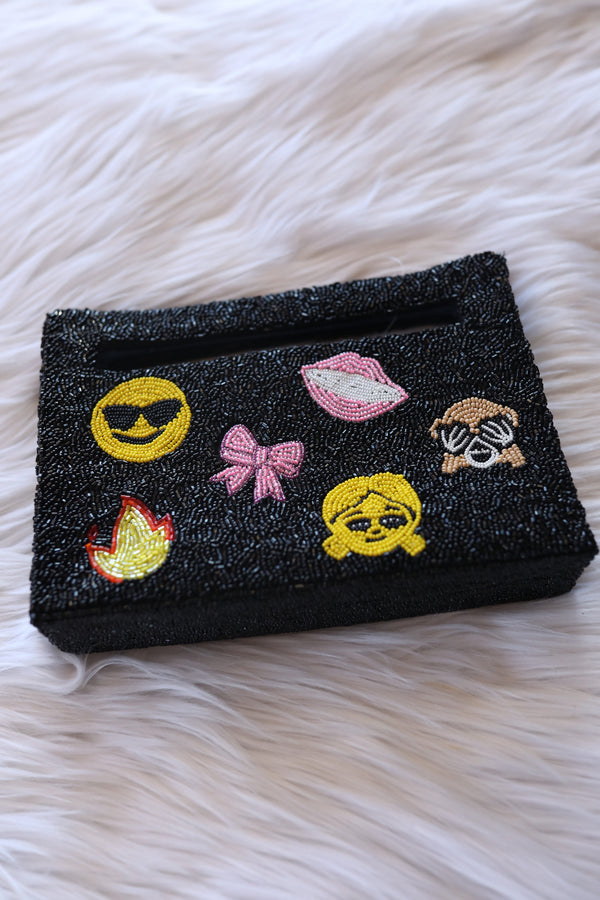 Black Smiley Face Beaded Clutch Purse 