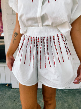 Queen of Sparkles White Cotton Short w/ Red Burst