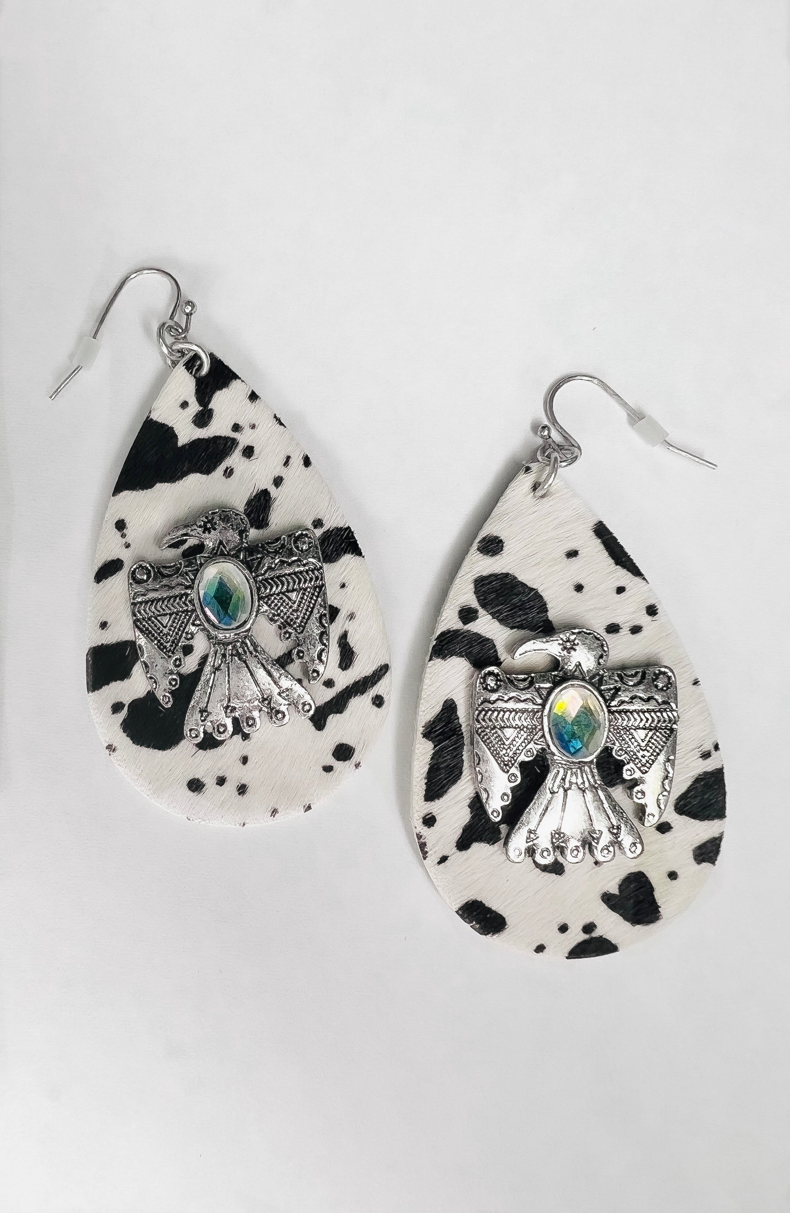 AB Oval Crystal Silver Thunderbird Cowprint Teardrop Earrings