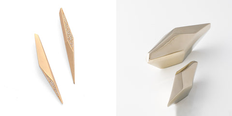 The geometric gemstones that inspired the Fall/Winter 2018 Collection from Marion Cage are reminiscent of the faceted geometric shapes in our Facets jewelry collection and Peak cabinetry hardware collection. Our Long Shard Studs earrings from the Facets Collection are shown on the left in 14k yellow gold with white pave diamonds, while our geometric Ingot Knob is shown on the right from the Peak Collection.