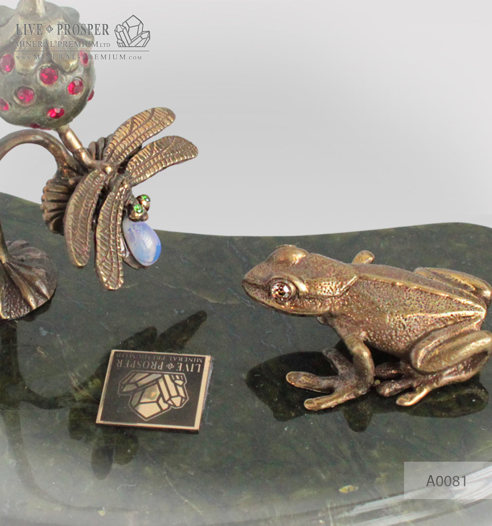 Bronze frog , dragonfly and strawberry figures with demantoids and moonstone inserts and with morion on serpentinite plates 