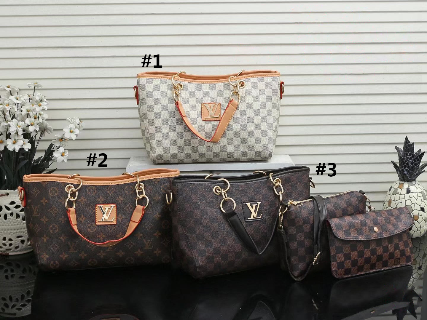 Louis Vuitton LV Monogram Handbag Shoulder Bag Wallet Three Piece