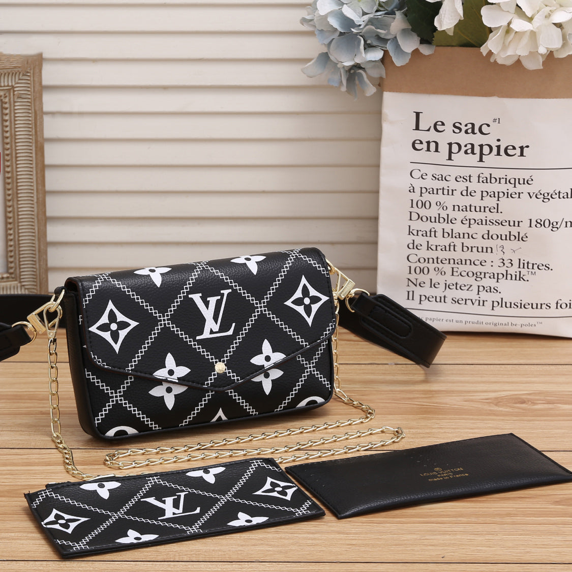 Louis Vuitton LV Monogram Canvas Shoulder Bag Mahjong Bag Wallet Three Piece