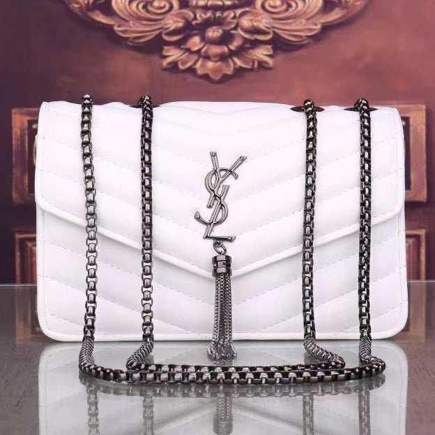 YSL Yves Saint Laurent monogram logo fringed shoulder bag chain 