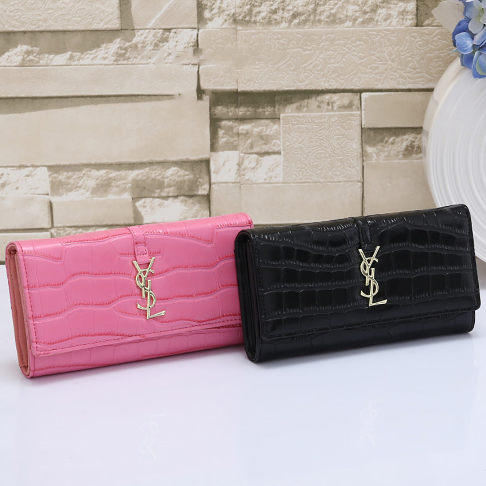 YSL Yves Saint Laurent Gold Logo Crocodile Pattern Flap Wallet Men's Women's Long Clutch BAG