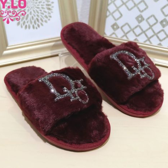 Dior fashion new home bright diamond flat-bottomed warm cotton and wool slippers