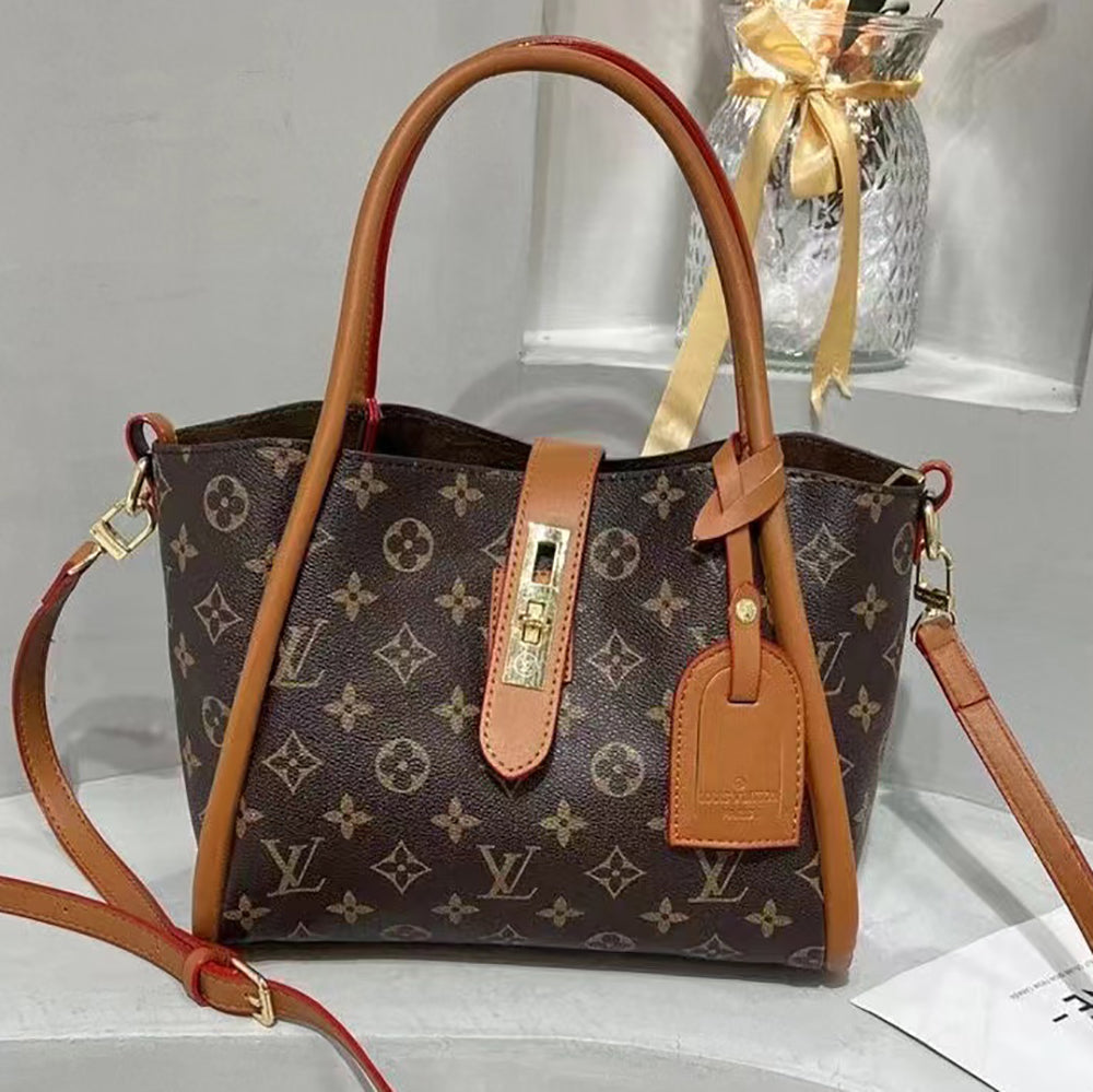 LV Louis Vuitton coffee monogram print stitching color tote bag 