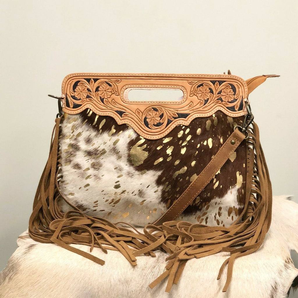 American Darling Gold And Cowhide Fringe Purse Adbgs146acgo Wild