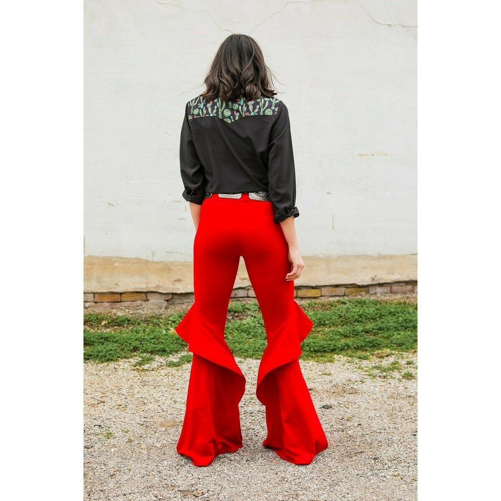 red ruffle bell bottom pants